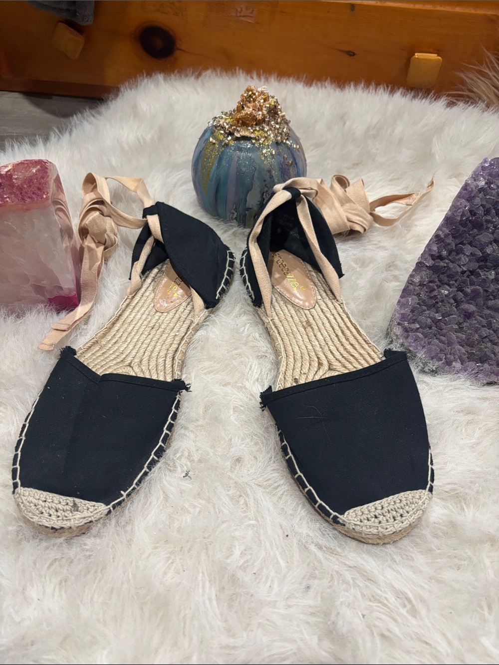 Shoe Dazzle Black Canvas Tie-Up Espadrille Flats